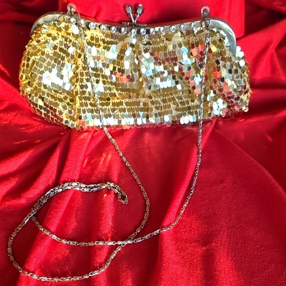 Gold Sequin Clutch Bag W/ Shoulder Strap.